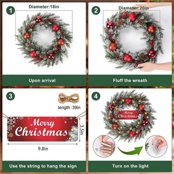 20 inch Merry Christmas Sign Holiday Wreath, Prelit with LED Lights - Picture 6 of 6